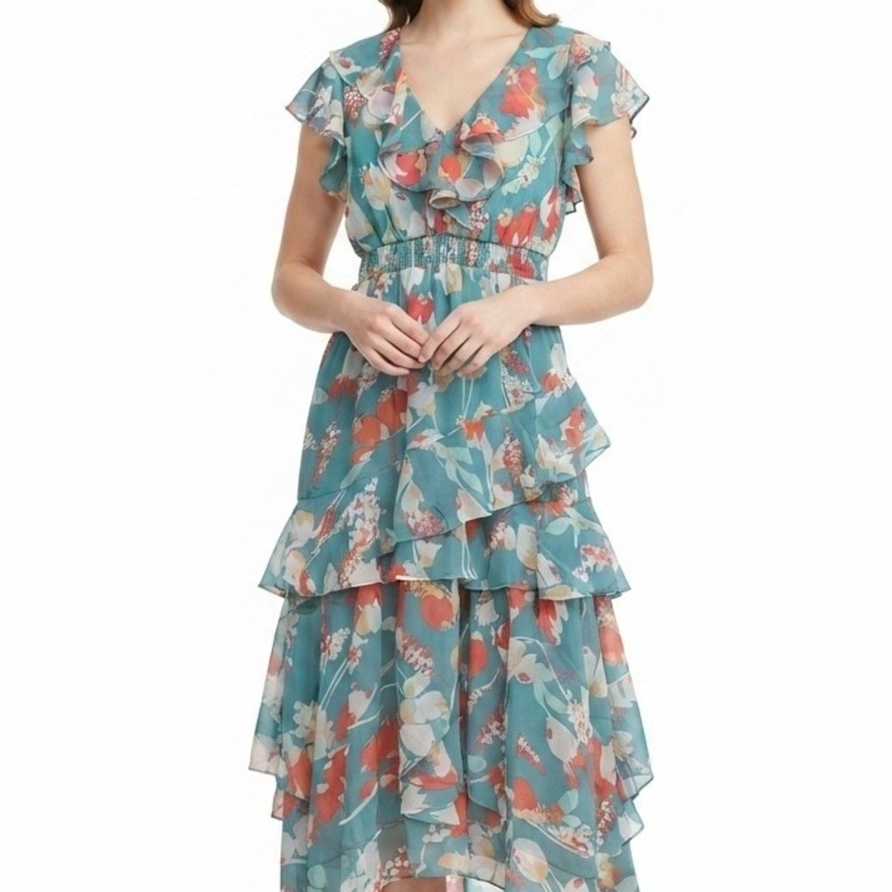 Taylor Floral Ruffle Midi Dress Womens Size 8 Teal Orange Tiered Garden Party